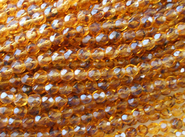 Lot of 25 6mm Tortoise Shell, Tortoiseshell, Amber faceted round firepolished glass beads, C7425