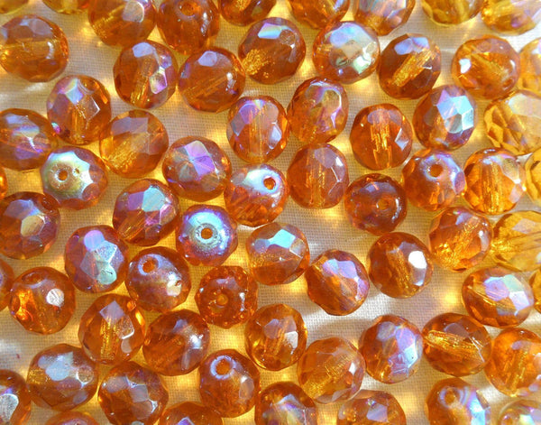 Lot of 25 8mm Amber AB, faceted round firepolished glass beads, C7725