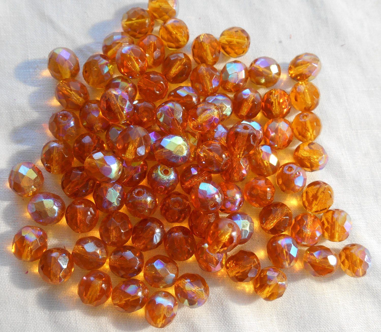 Lot of 25 8mm Amber AB, faceted round firepolished glass beads, C7725 - Glorious Glass Beads