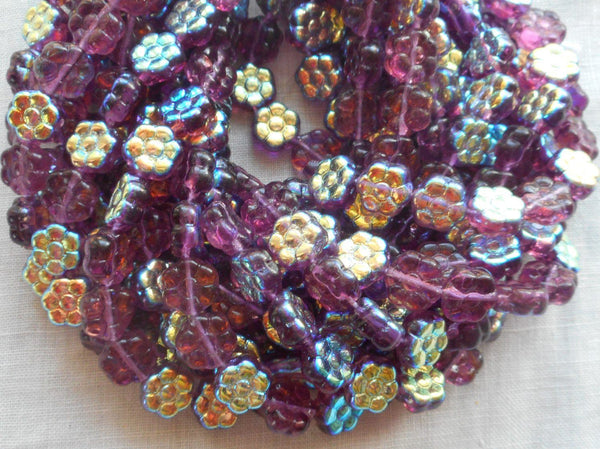Lot of 25 8mm Amethyst AB Czech glass flower beads, purple pressed glass flower beads, C3501