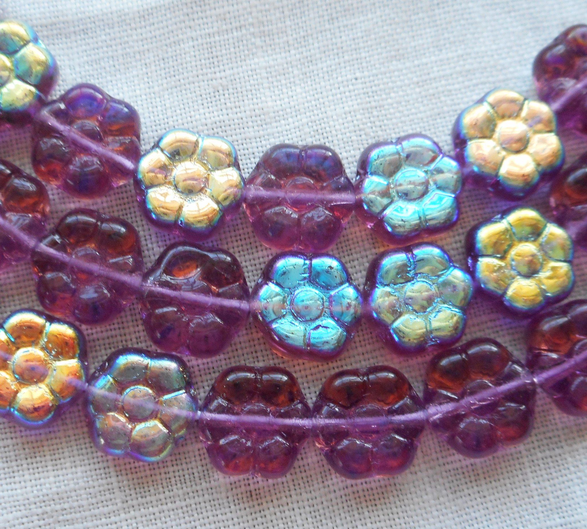 Lot of 25 8mm Amethyst AB Czech glass flower beads, purple pressed glass flower beads, C3501 - Glorious Glass Beads