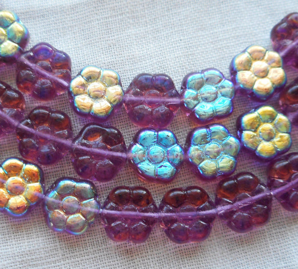 Lot of 25 8mm Amethyst AB Czech glass flower beads, purple pressed glass flower beads, C3501 - Glorious Glass Beads