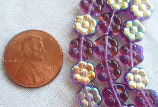 Lot of 25 8mm Amethyst AB Czech glass flower beads, purple pressed glass flower beads, C3501 - Glorious Glass Beads