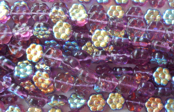 Lot of 25 8mm Amethyst AB Czech glass flower beads, purple pressed glass flower beads, C3501 - Glorious Glass Beads