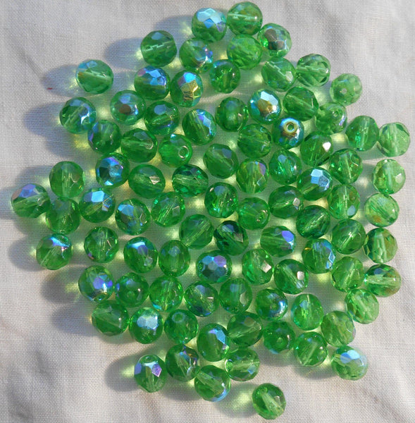 Lot of 25 8mm Mint Green AB, faceted round firepolished glass beads, C2525 - Glorious Glass Beads