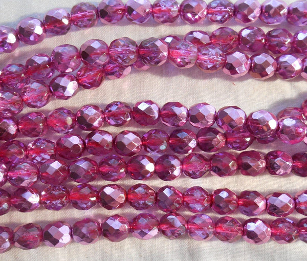 Lot of 25 8mm Pink Rose metallic Ice, faceted round firepolished glass beads, C0825 - Glorious Glass Beads