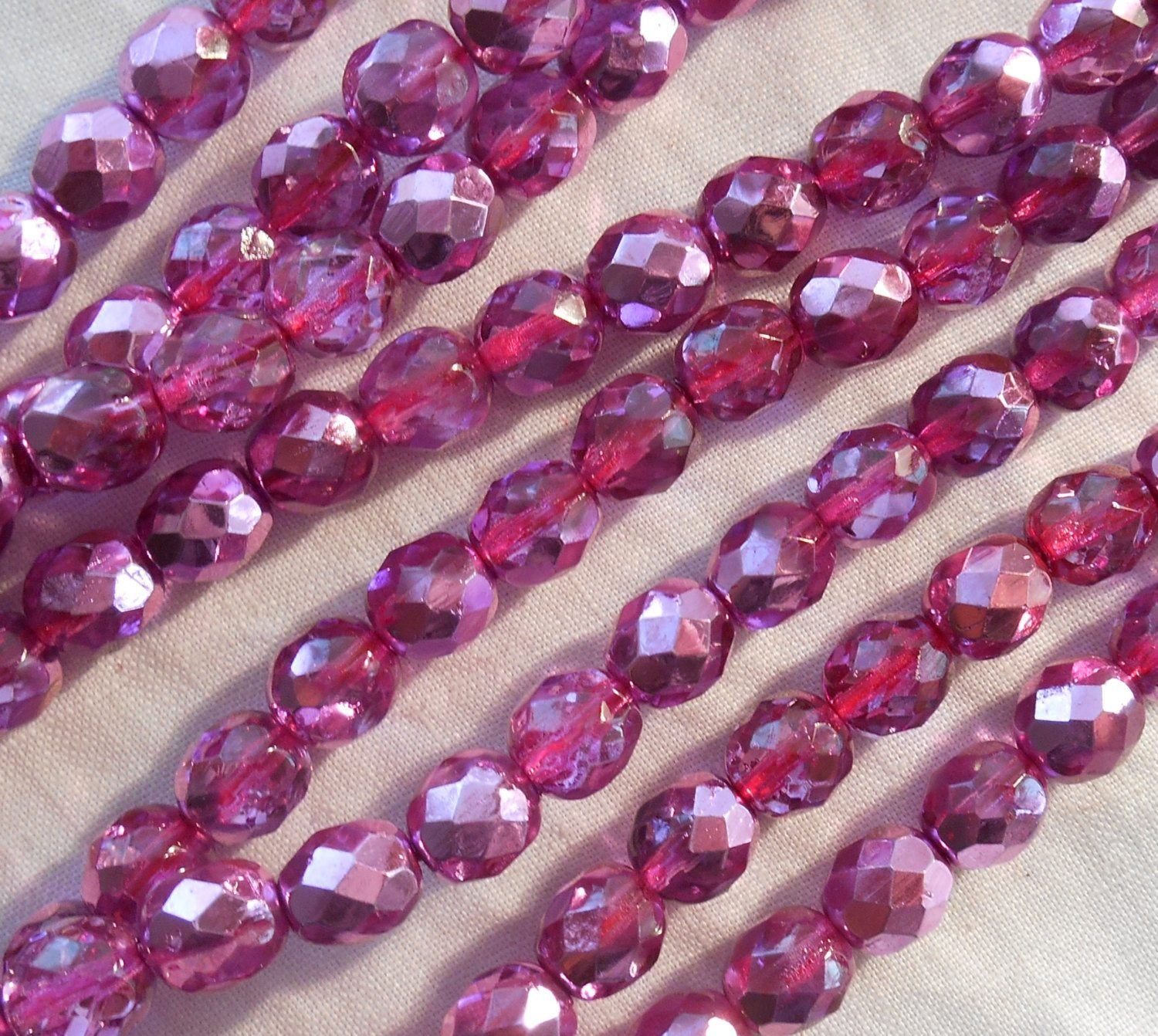 Lot of 25 8mm Pink Rose metallic Ice, faceted round firepolished glass beads, C0825 - Glorious Glass Beads