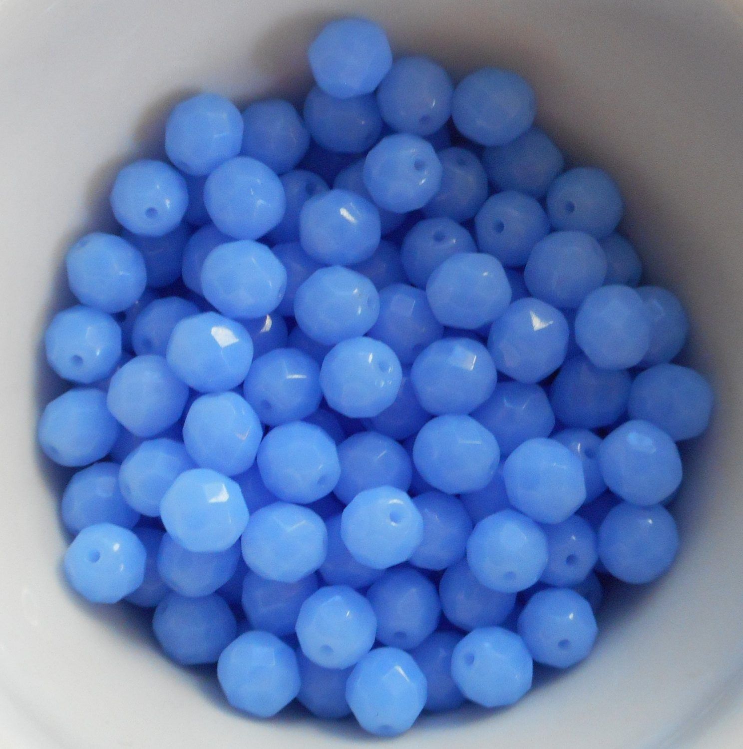 Lot of 25 8mm Sky Blue Opal, opaque faceted round firepolished glass beads, C7825 - Glorious Glass Beads