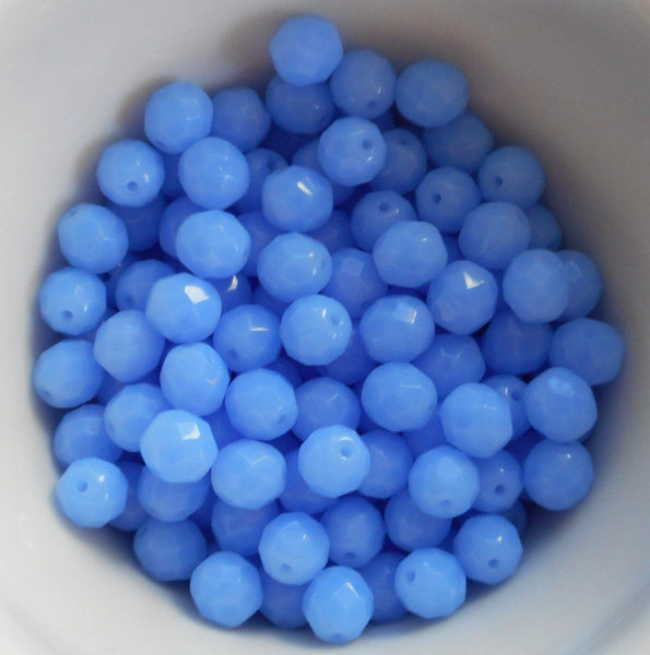 Lot of 25 8mm Sky Blue Opal, opaque faceted round firepolished glass beads, C7825
