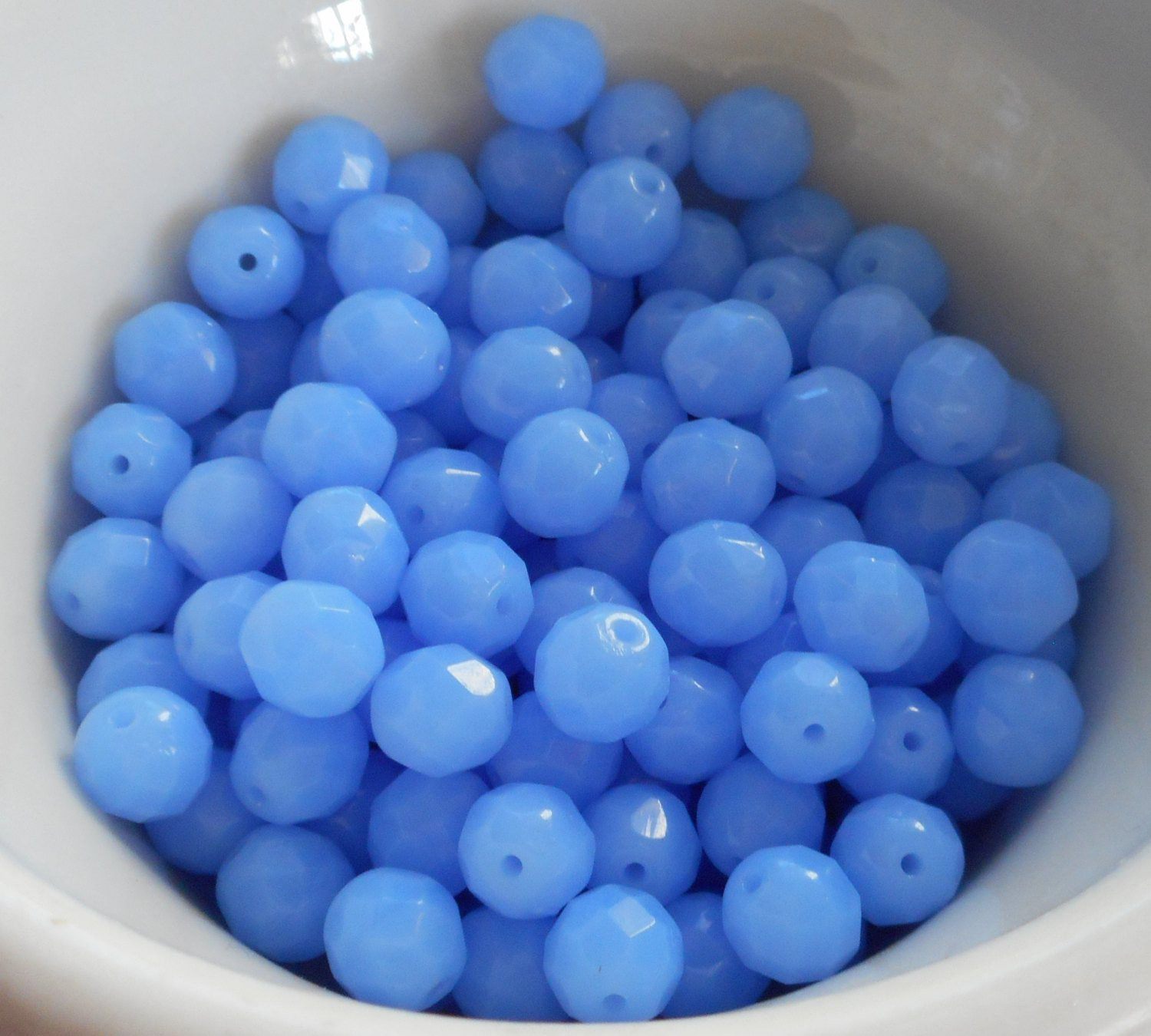 Lot of 25 8mm Sky Blue Opal, opaque faceted round firepolished glass beads, C7825 - Glorious Glass Beads