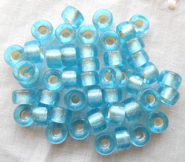Lot of 25 9mm Czech Aqua blue silver lined glass pony, roller beads, large hole crow beads, C4625