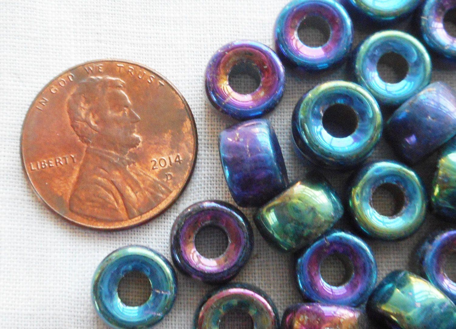 Lot of 25 9mm Czech Blue Iris glass pony roller beads, large hole crow beads, C5350 - Glorious Glass Beads