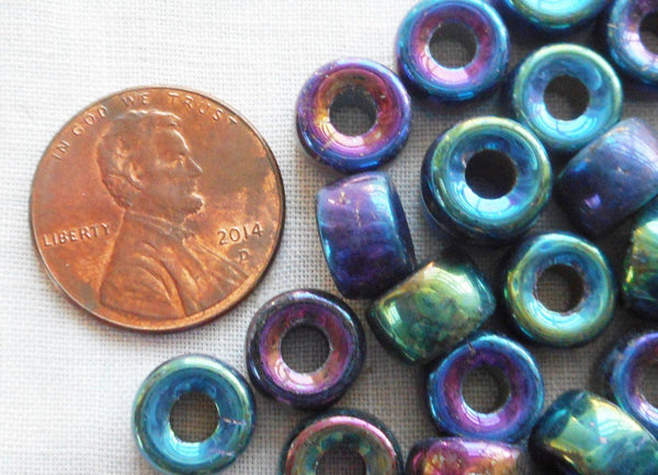 Lot of 25 9mm Czech Blue Iris glass pony roller beads, large hole crow beads, C5350 - Glorious Glass Beads