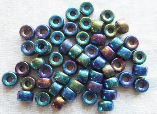 Lot of 25 9mm Czech Blue Iris glass pony roller beads, large hole crow beads, C5350 - Glorious Glass Beads