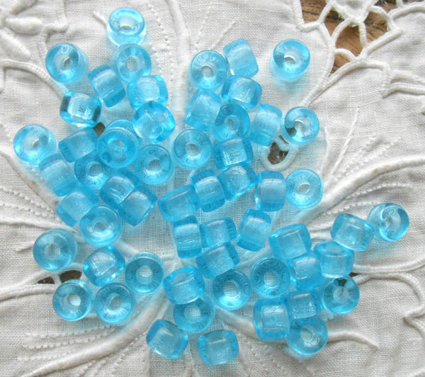 Lot of 25 9mm Czech glass Transparent Aqua pony roller beads, large hole crow beads, C0425