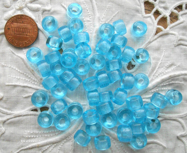Lot of 25 9mm Czech glass Transparent Aqua pony roller beads, large hole crow beads, C0425 - Glorious Glass Beads