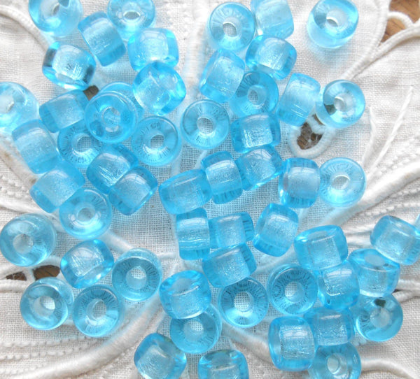 Lot of 25 9mm Czech glass Transparent Aqua pony roller beads, large hole crow beads, C0425 - Glorious Glass Beads