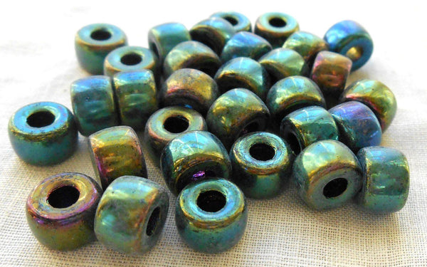 Lot of 25 9mm Czech Green Iris glass pony roller beads, large hole crow beads, C1550 - Glorious Glass Beads