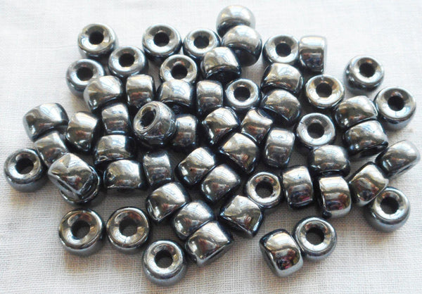 Lot of 25 9mm Czech Hematite Metallic Gray glass pony roller beads, large hole crow beads, C0086