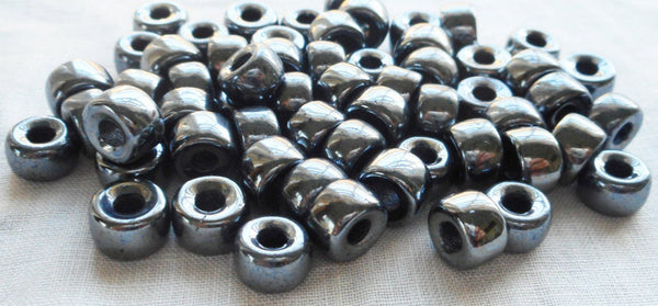 Lot of 25 9mm Czech Hematite Metallic Gray glass pony roller beads, large hole crow beads, C7501 - Glorious Glass Beads