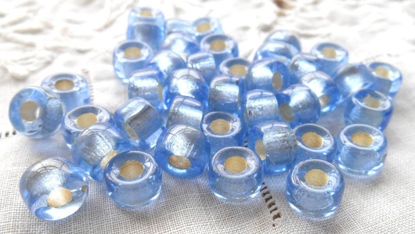 Lot of 25 9mm Czech Light Sapphire Blue Silver Lined glass pony roller beads, large hole crow beads, C0087