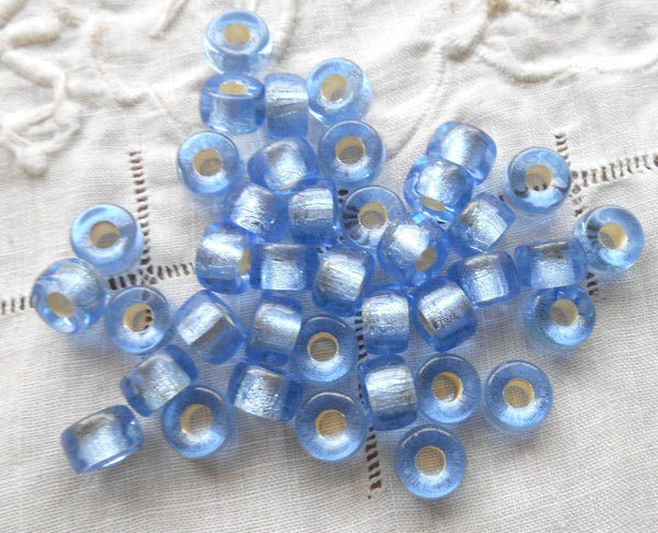 Lot of 25 9mm Czech Light Sapphire Blue Silver Lined glass pony roller beads, large hole crow beads, C5325 - Glorious Glass Beads