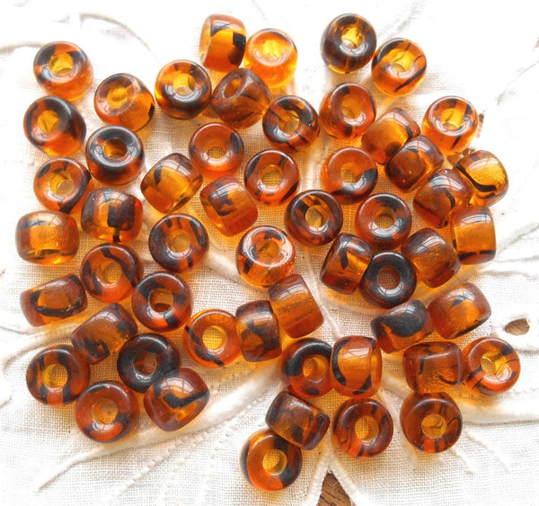 Lot of 25 9mm Czech tortoise shell, glass pony roller beads, large hole crow beads, C3525 - Glorious Glass Beads