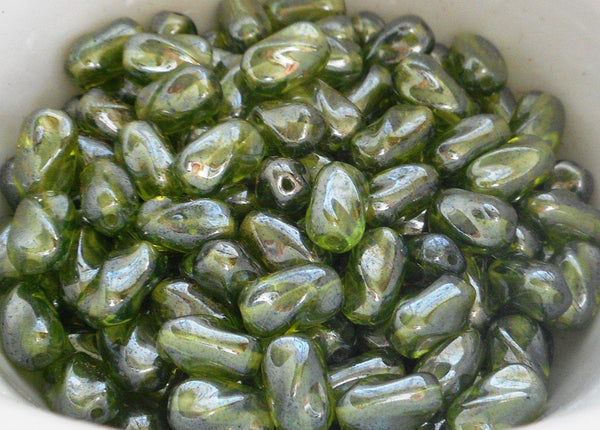 Lot of 25 9mm x 6mm Olivine Green Iridescent Shimmer Czech glass twisted oval beads, C3325 - Glorious Glass Beads