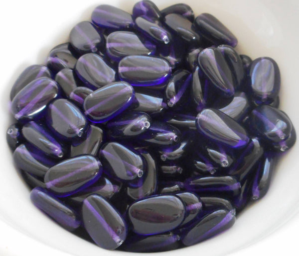 Lot of 15 Deep Violet, Purple, Amethyst slightly twisted oval Czech Glass beads, 14mm x 8mm pressed glass beads C00411