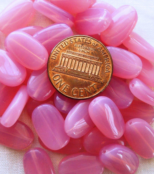 Lot of 25 Pink Rose Opal slightly twisted oval Czech pressed Glass beads, 14mm x 8mm, C23125 - Glorious Glass Beads