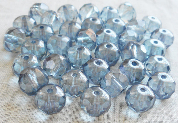 Lot of 25 transparent Lumi Blue puffy rondelles, 6 x 9mm faceted blue Czech glass rondelle beads C0088