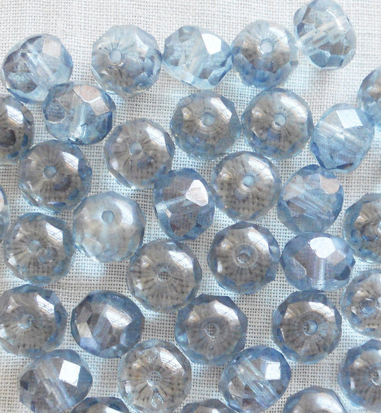 Lot of 25 transparent Lumi Blue puffy rondelles, 6 x 9mm faceted blue Czech glass rondelle beads C1701 - Glorious Glass Beads