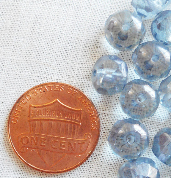 Lot of 25 transparent Lumi Blue puffy rondelles, 6 x 9mm faceted blue Czech glass rondelle beads C1701 - Glorious Glass Beads