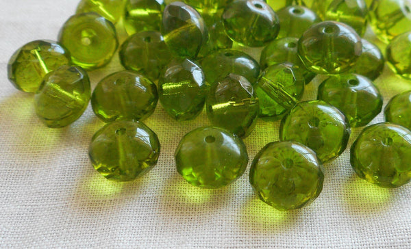Lot of 25 transparent Olivine, Olive Green puffy rondelles, 6 x 9mm faceted Czech glass rondelle beads C4701