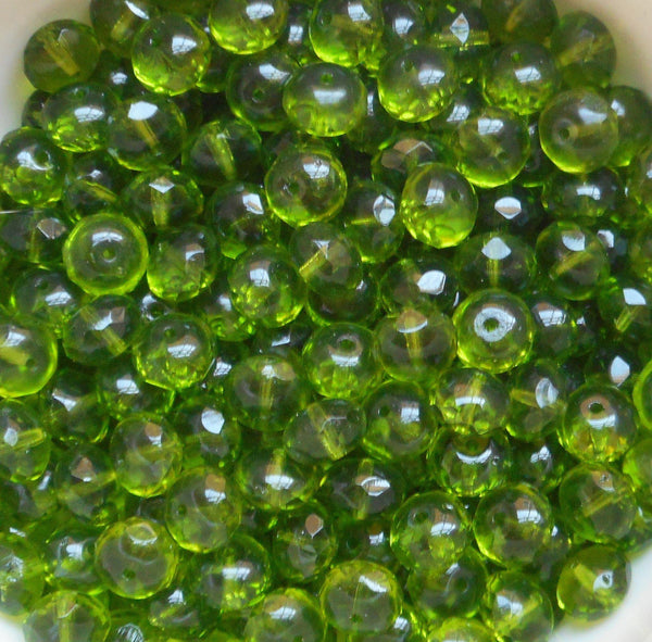 Lot of 25 transparent Olivine, Olive Green puffy rondelles, 6 x 9mm faceted Czech glass rondelle beads C4701 - Glorious Glass Beads