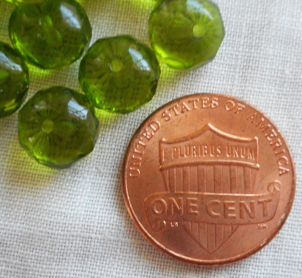 Lot of 25 transparent Olivine, Olive Green puffy rondelles, 6 x 9mm faceted Czech glass rondelle beads C4701 - Glorious Glass Beads