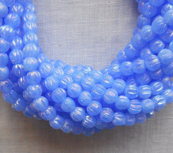 Lot of 100 3mm Luster Milky Sapphire blue Czech pressed glass melon beads C4650 - Glorious Glass Beads