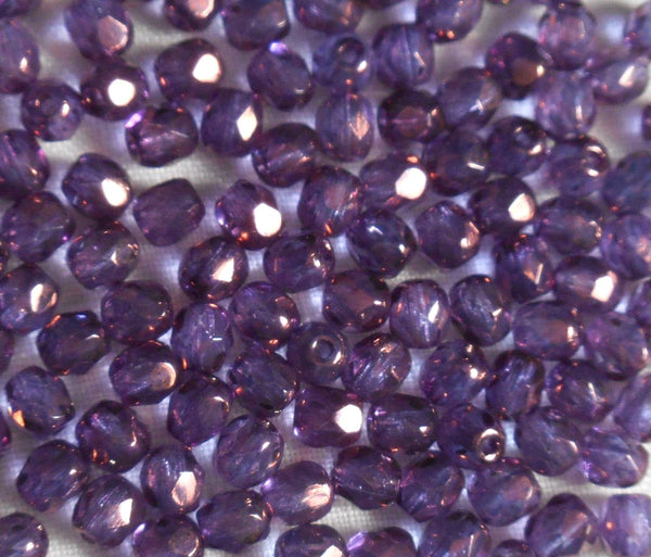 Lot of 50 4mm Lumi Amethyst beads, iridescent purple round faceted firepolished Czech glass beads, C1450