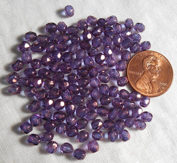 Lot of 50 4mm Lumi Amethyst beads, iridescent purple round faceted firepolished Czech glass beads, C1450 - Glorious Glass Beads