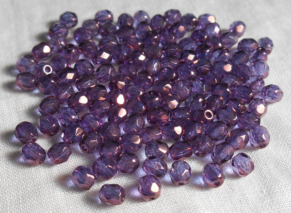 Lot of 50 4mm Lumi Amethyst beads, iridescent purple round faceted firepolished Czech glass beads, C1450 - Glorious Glass Beads