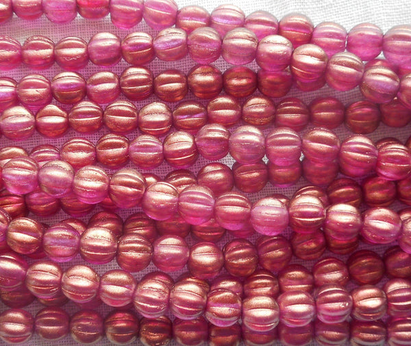 Lot of 50 5mm Halo Madder Rose melon beads, deep pink Czech glass beads C33150 - Glorious Glass Beads