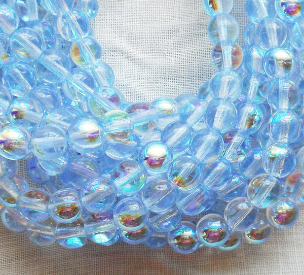 Lot of 50 6mm Czech glass druks, Light Sapphire Blue AB smooth round druk beads C5650