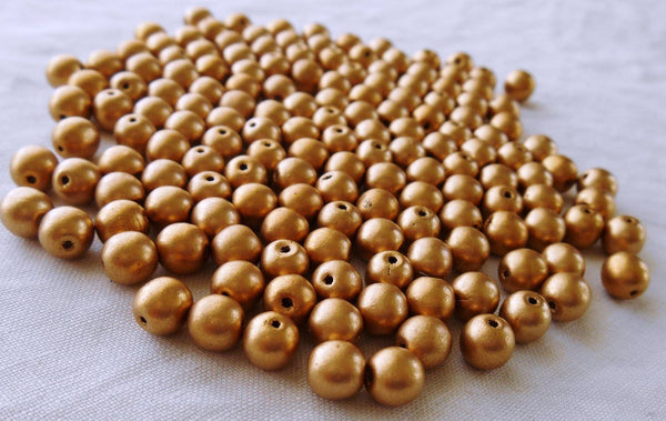 Lot of fifty 6mm Czech Matte Metallic Gold smooth round glass druk beads C0601 - Glorious Glass Beads