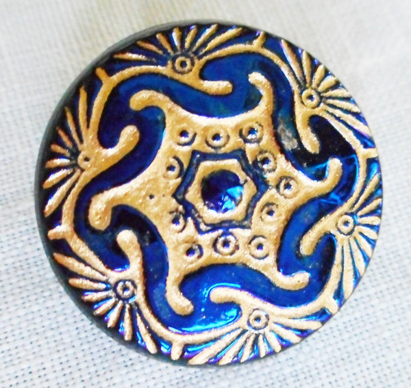 One 19mm Czech glass button, Iridescent blue & purple primitive pattern with a gold wash, decorative shank buttons 06101 - Glorious Glass Beads