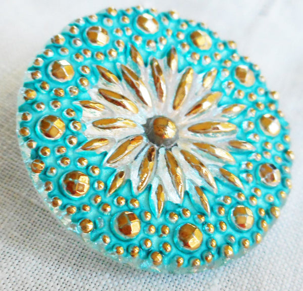 One 22mm Czech glass button, milky white & gold starburst with a turquoise blue wash, verdigris look decorative shank button 52301 - Glorious Glass Beads