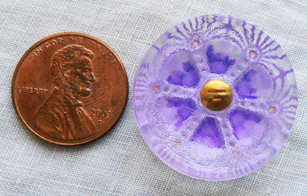 One 27mm Czech glass button, purple hand painted wheel pattern with gold accents , decorative shank buttons C59201 - Glorious Glass Beads