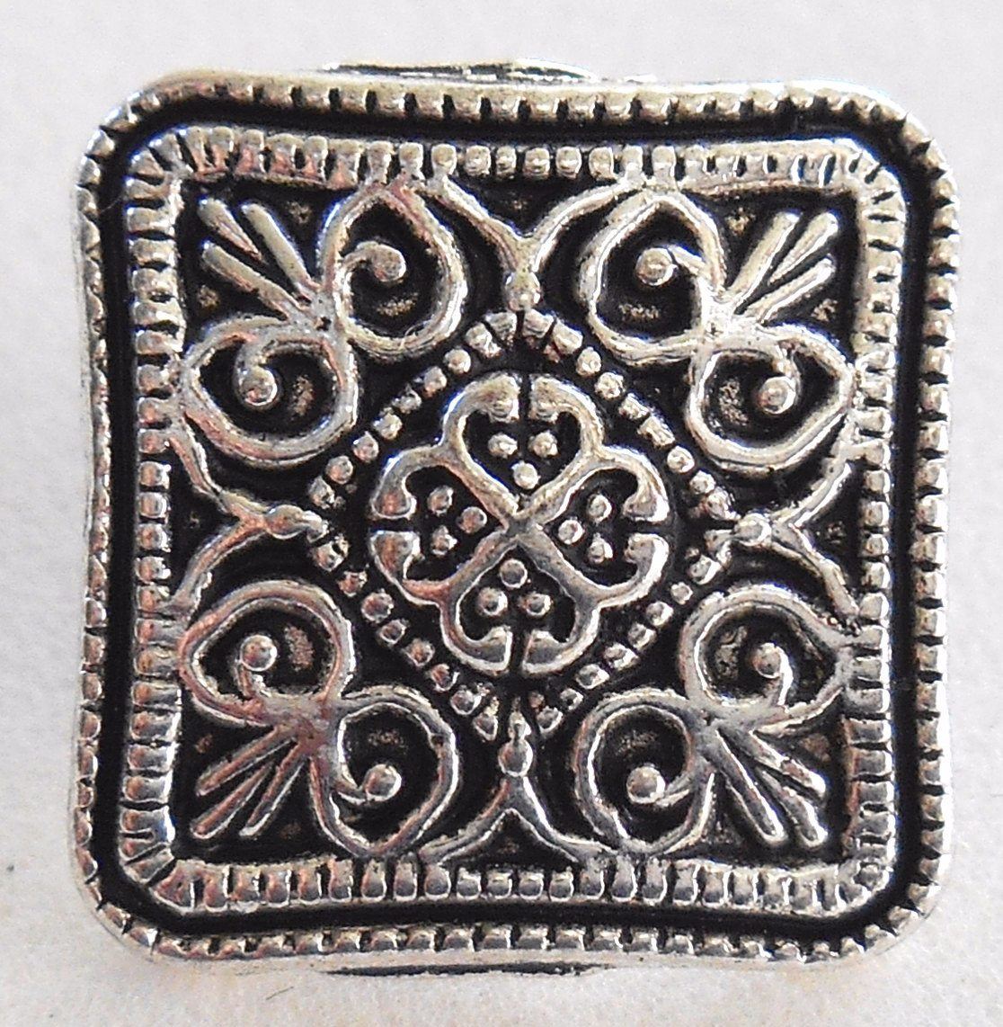 One antique silver 17mm decorative ornate square shank button, C7111 - Glorious Glass Beads