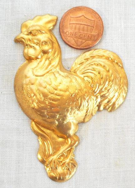 One large brass left facing rooster ornament, pendant ,charm, brass stamping, 72mm x 42mm, made in the USA, C4601 - Glorious Glass Beads