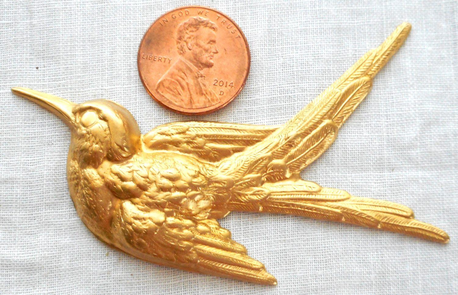 One large raw brass Flying Bird, Sparrow pendant, charm, brass stamping, 74mm x 52mm made in the USA, C2601 - Glorious Glass Beads