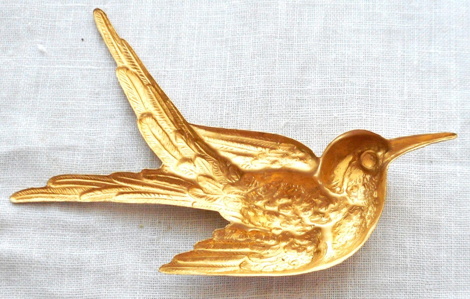 One large raw brass Flying Bird, Sparrow pendant, charm, brass stamping, 74mm x 52mm made in the USA, C2601 - Glorious Glass Beads
